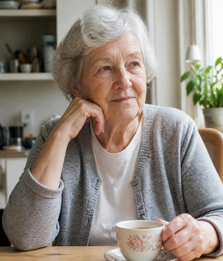 Seniorin sitzt mit Hausnotruf-Sender entspannt mit einer Tasse Tee am Küchentisch