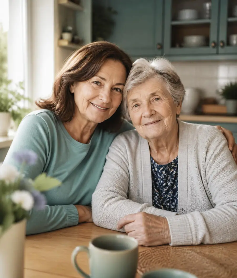 Tochter und ältere Mutter zuhause auf dem Sofa – die Seniorin trägt einen Hausnotruf-Knopf um den Hals